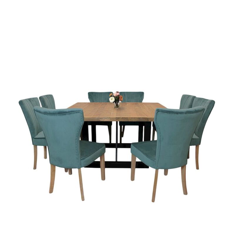 9-Piece Dining Set 8 Cleo Dining Chairs in Velvet Teal Fabric Natural Legs