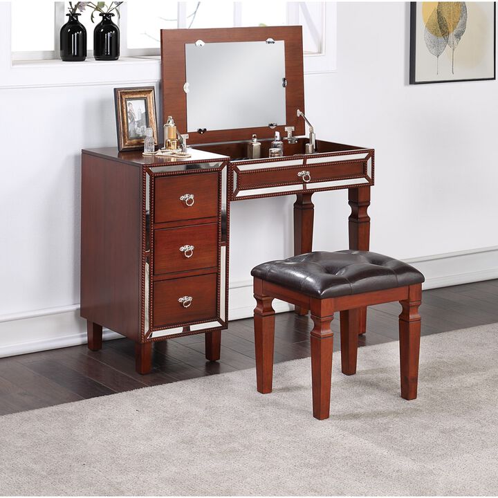 Traditional Formal Cherry Color Vanity Set w Stool Storage Drawers 1pc Bedroom Furniture Set Tufted Seat Stool
