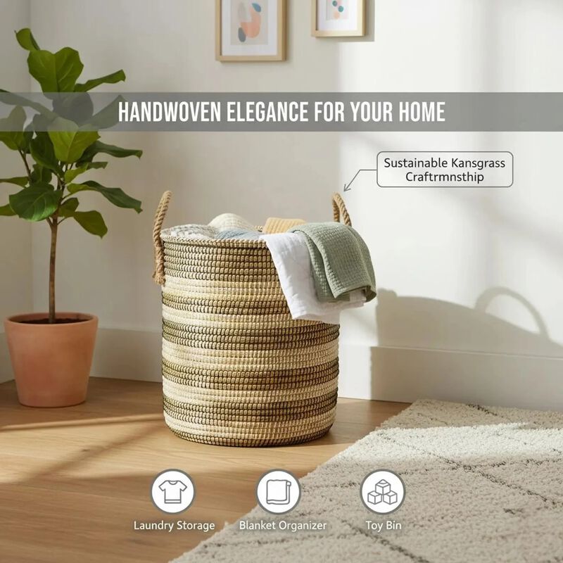 Kans Grass Cylindrical Laundry Basket with Handles & Lid image number 7