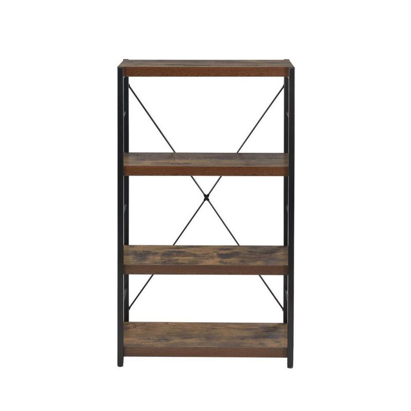 4 Tiered Metal Framed Wooden Bookshelf, Weathered Oak Brown and Black