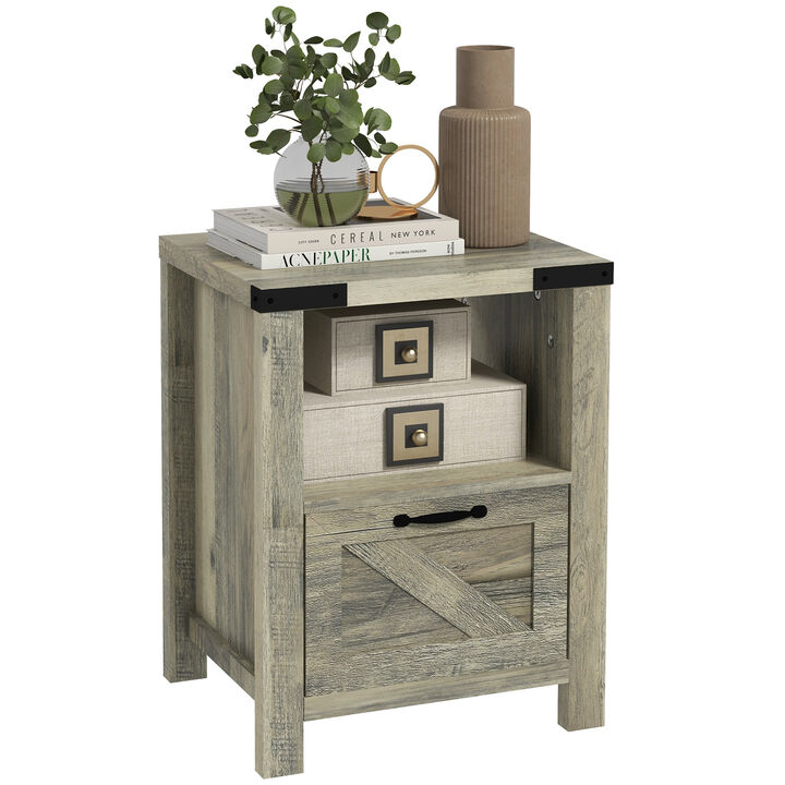 HOMCOM Farmhouse Side Table with Storage, Small End Table with Drawer, Open Shelf and Wood Effect Tabletop for Living Room, Gray