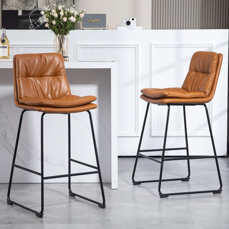 Glamour Home Set of 2 Bauer Brown Faux Leather Bar Stool with Black Iron Legs