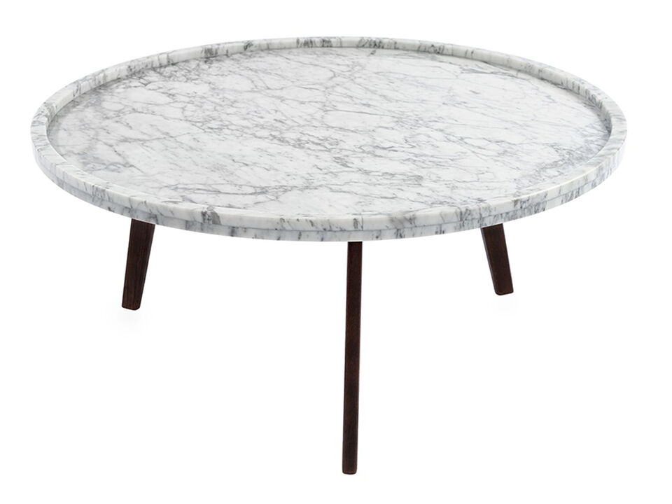 Cassara 31" Round Italian Carrara White Marble Coffee Table with Walnut Legs