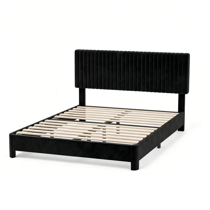 Vipbear Black Velvet Upholstered Platform Bed Frame with Headboard, Wood Slat Support, Easy Assembly