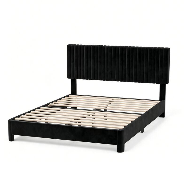 Vipbear Black Velvet Upholstered Platform Bed Frame with Headboard, Wood Slat Support, Easy Assembly image number 0