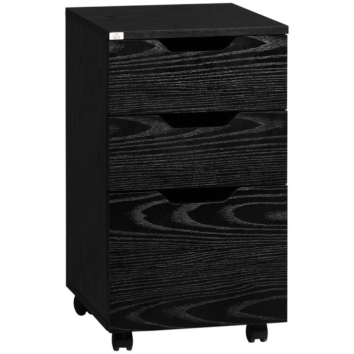 Black 3 Drawer Mobile File Cabinet, Rolling Printer Stand, Vertical Filing Cabinet, Black Wood Grain