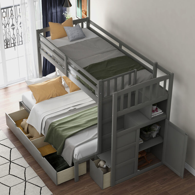 Whisen Twin over Full Bunk Bed with Staircase & Drawers, Solid Pine Convertible for Kids Bedroom image number 4