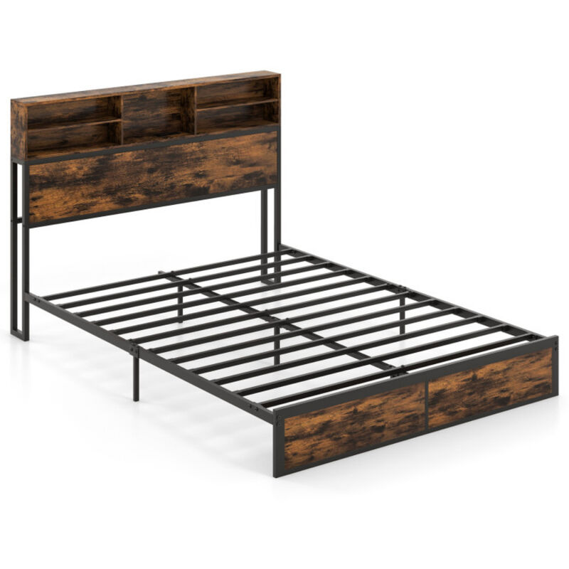 Queen size Platform Bed with Metal Frame and Built-In Headboard Storage image number 0
