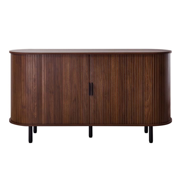 Mid Century Fluted Coffee Bar Cabinet with 2 Sliding Doors and Storage