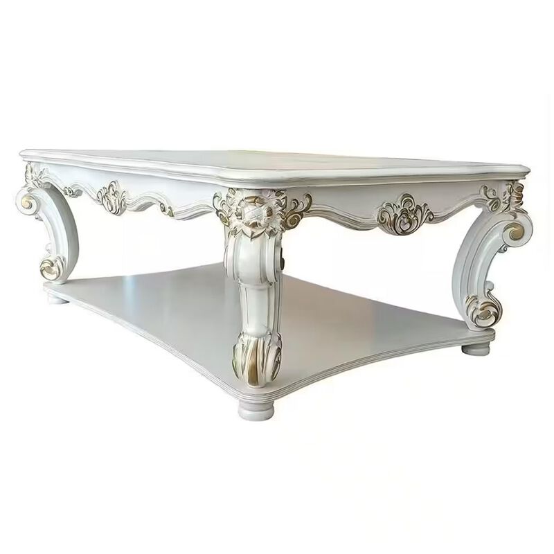 Benjara Jess 58 Inch Coffee Table, Square, Traditional Scrolled Legs, Brushed, White and Gold