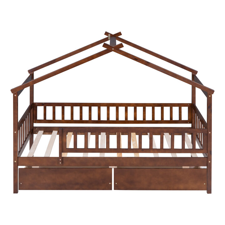 Merax Twin Size Wooden House Bed with 2 Drawers