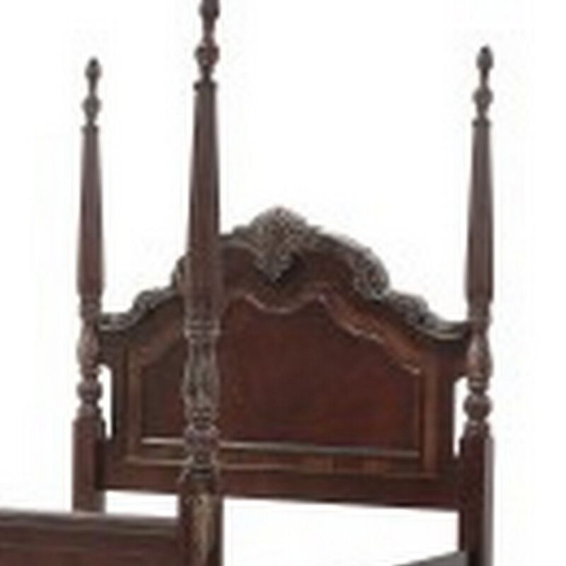 Park Queen Size Poster Bed with Shell Motifs and Burl Inlays, Brown Veneer - Benzara
