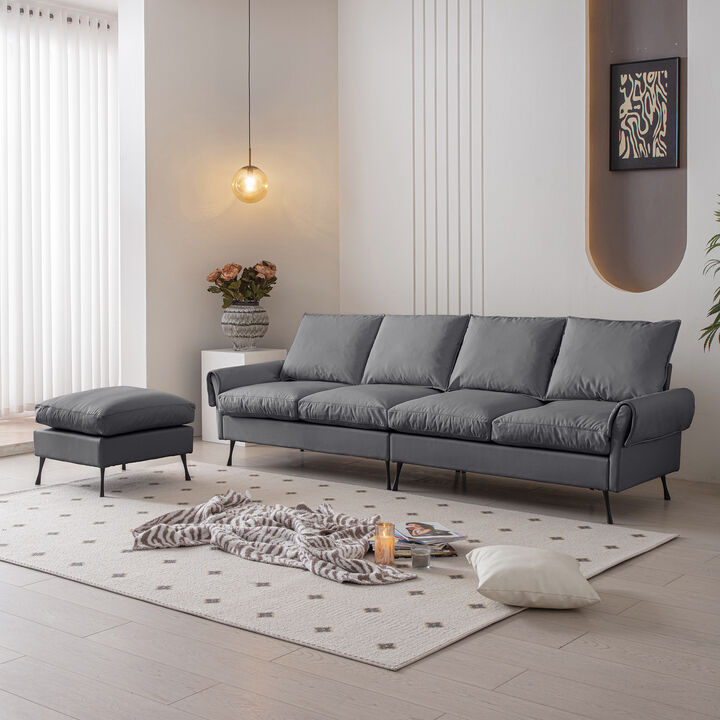 Technical Leather L-Shaped Sectional Sofa with Convertible Ottoman, Modern Couch for Living Room