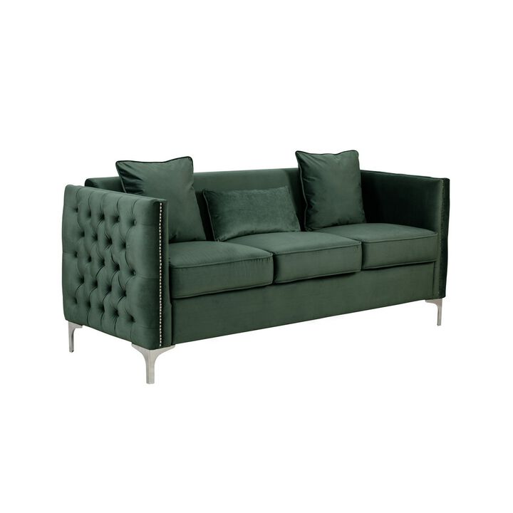 Zion 73 Inch Modern Accent Sofa, Deep Button Tufted Sides, Green Velvet-Benzara