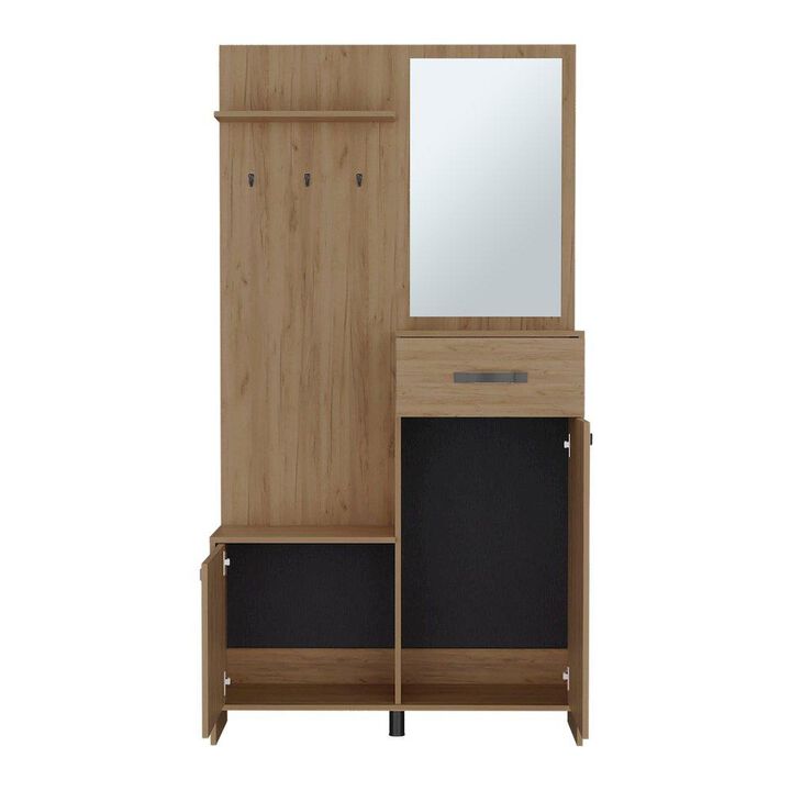 Olpe Hall Tree, 2 Doors, 1 Drawer, 1 Shelf, 1 Mirror, Natural Oak
