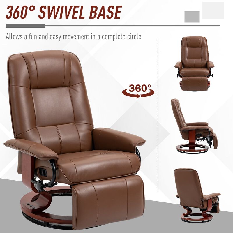 Faux Leather Manual Recliner, Adjustable Swivel Lounge Chair with Footrest, Armrest and Wrapped Wood Base for Living Room, Brown