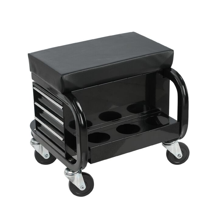 ELEMENT ACE Rolling Creeper Garage Shop Padded Seat with Three Built-in Drawers Heavy Duty Swivel Casters Mechanic Work Stool for Automotive Repair Tasks