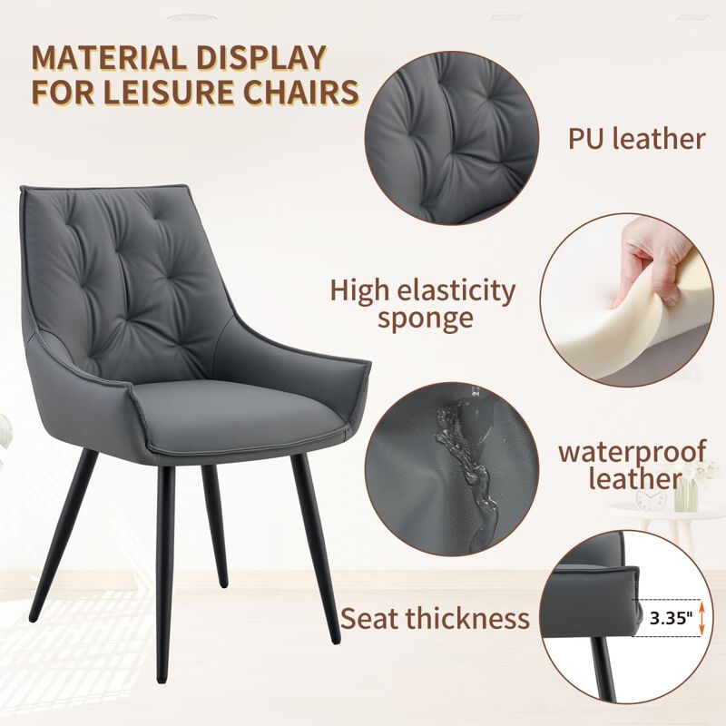 Set of 2 PU leather dining chairs rectangular button tufted dining chair solid back modern metal leg kitchen dining chairs wipe clean image number 5