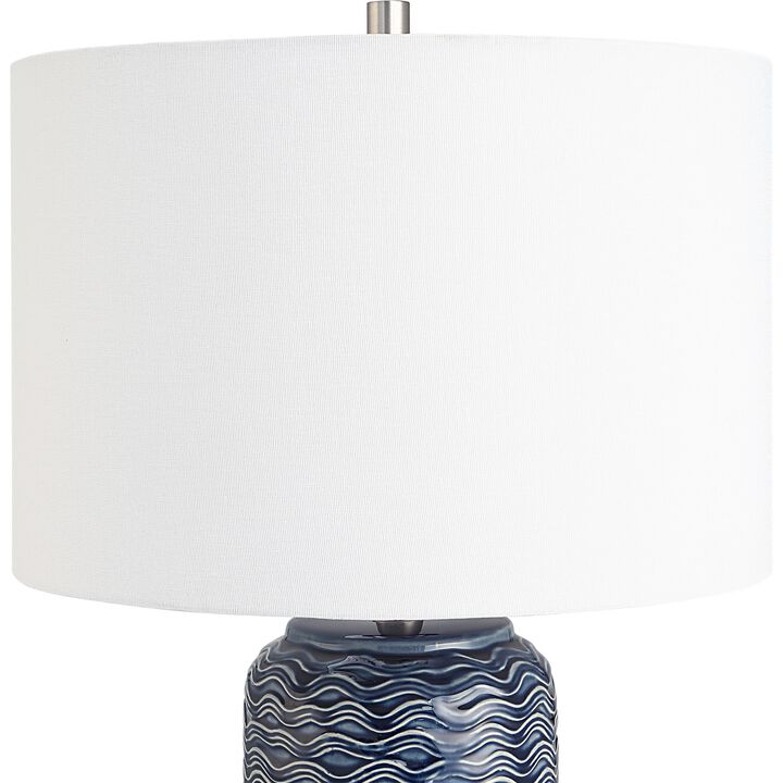 27 Inch Ceramic Table Lamp, Wavy Texture, Blue, Silver, White-Benzara