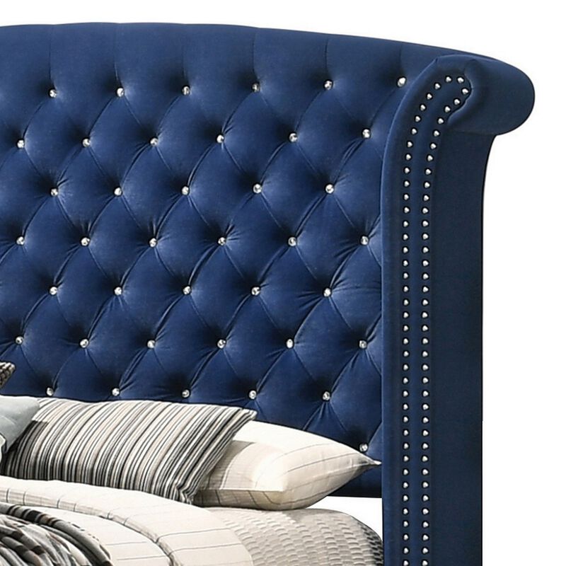 Giya Wingback King Bed, Tufted Headboard, Pacific Blue Velvet Upholstery - Benzara