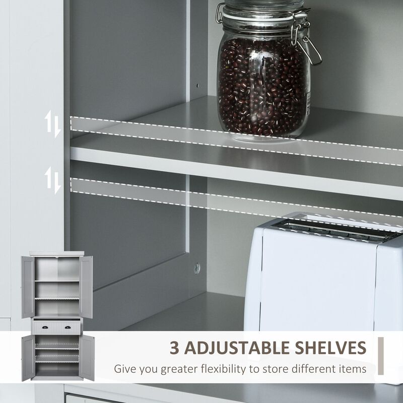 72" Gray Kitchen Pantry: Freestanding, Drawer, 4 Doors