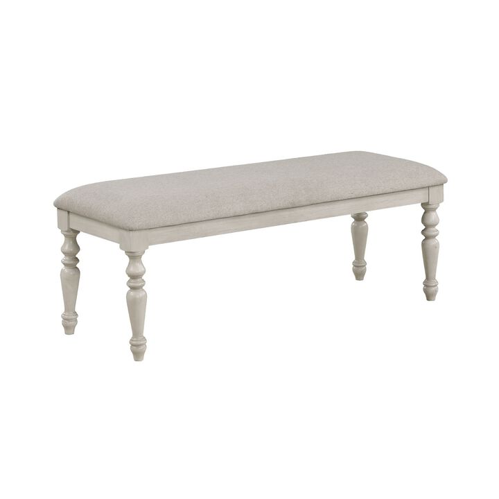 Katherine 48 Inch Bench with Fabric Seat and Turned Legs, White- Benzara