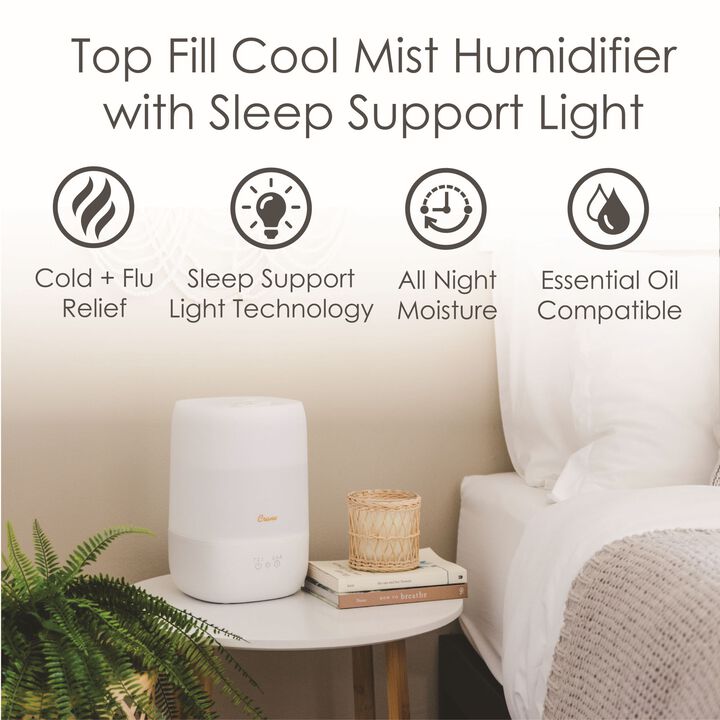 Top Fill Cool Mist Humidifier - 1 Gallon with Sleep Support Light & Essential Oil Tray