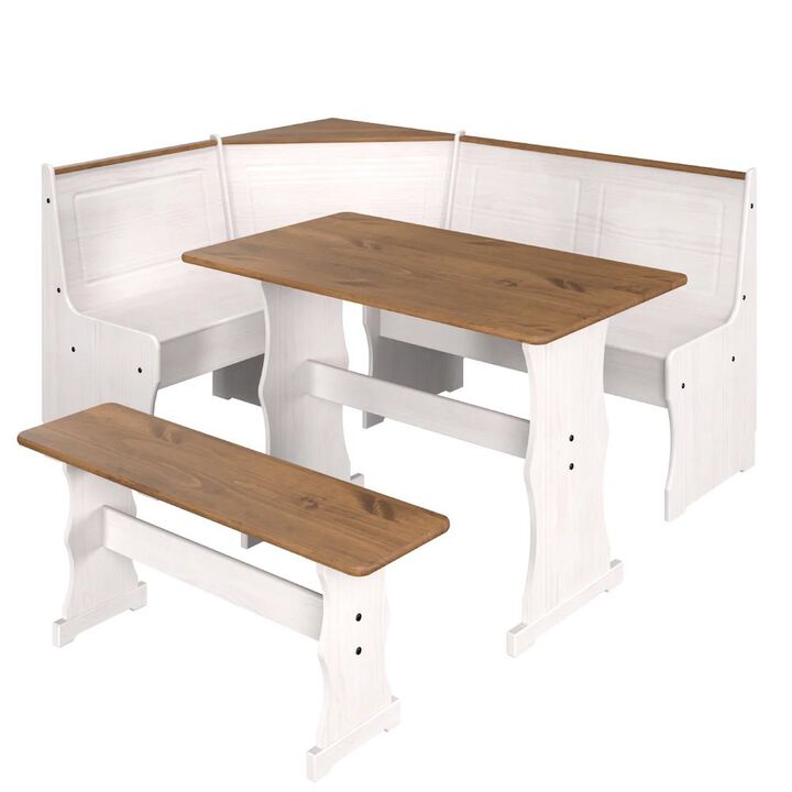 OS Home and Office Furniture Solid Pine Corner Dining Booth in Distressed White