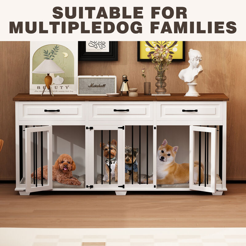 XL Dog Crate Furniture for 3 Dogs, Large Wooden Dog Kennel with 3 Drawers, Indoor Wooden Dog House Cage with 2 Dividers