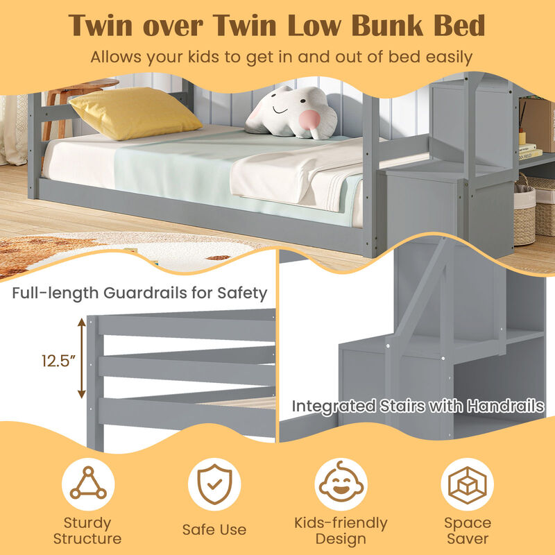 Solid Wood Twin Over Twin Low Bunk Bed with Storage Stairs image number 7