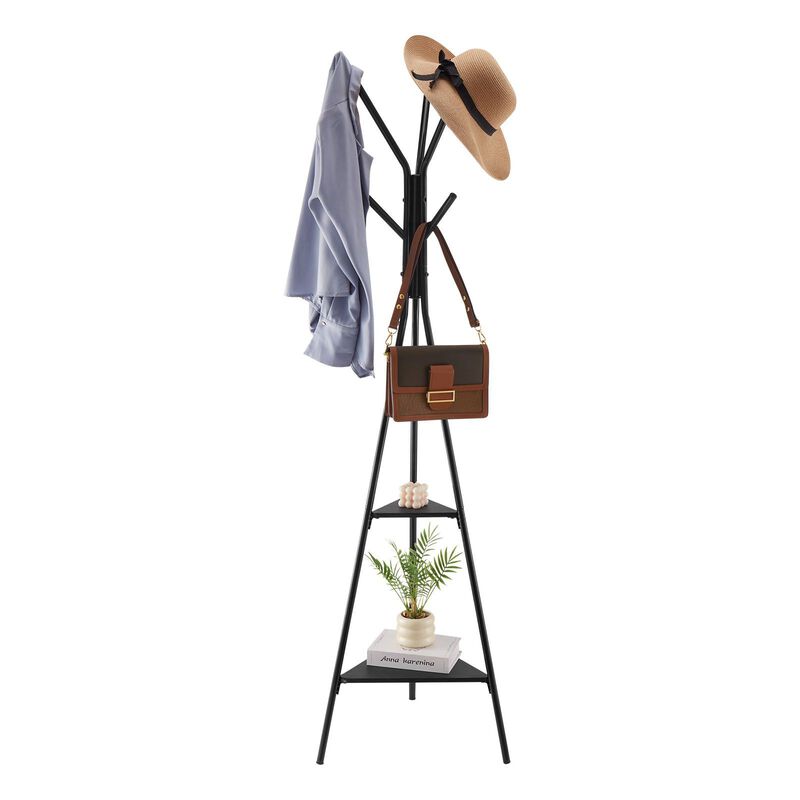 Freestanding Coat Rack with 2 Shelves and 6 Hooks, Entryway Coat Stand image number 7