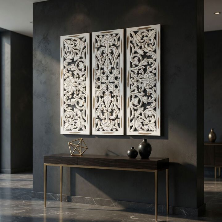 Leva 3pc Wood Wall Decor Set, Moroccan Floral Carving, Antique White Finish, 36 Inch Square