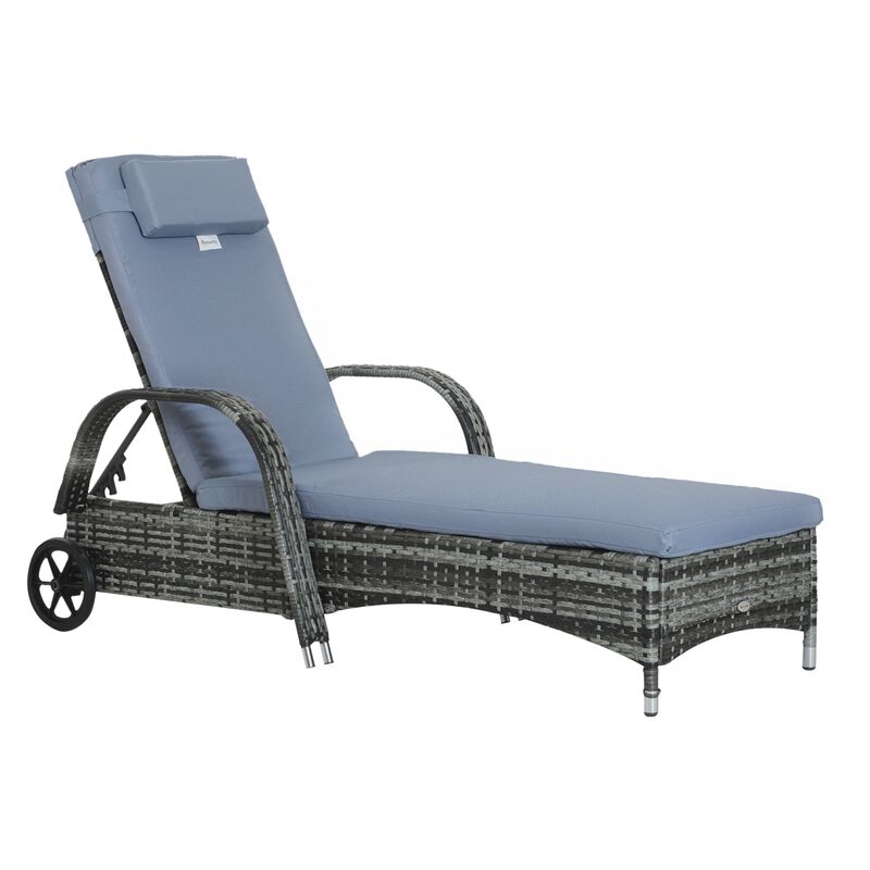 Grey Outdoor Lounger: Wicker Chaise with Adjustable Back and Wheels