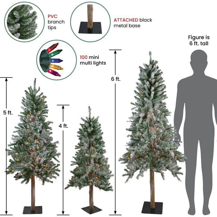 Set of 3 Pre-Lit Slim Flocked Alpine Artificial Christmas Trees 6' - Multicolor Lights