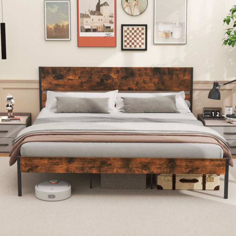 Bed Frame with Wooden Headboard and Footboard for Classic Style and Sturdy Support