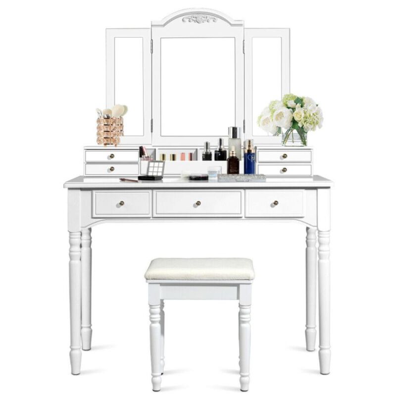 Hivvago Makeup Dressing Table with Tri-Folding Mirror and Cushioned Stool for Women