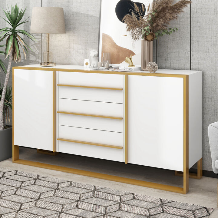 Modern Style 59"L Sideboard with Large Storage Space and Gold Metal Legs for Living Room and Entryway (White)