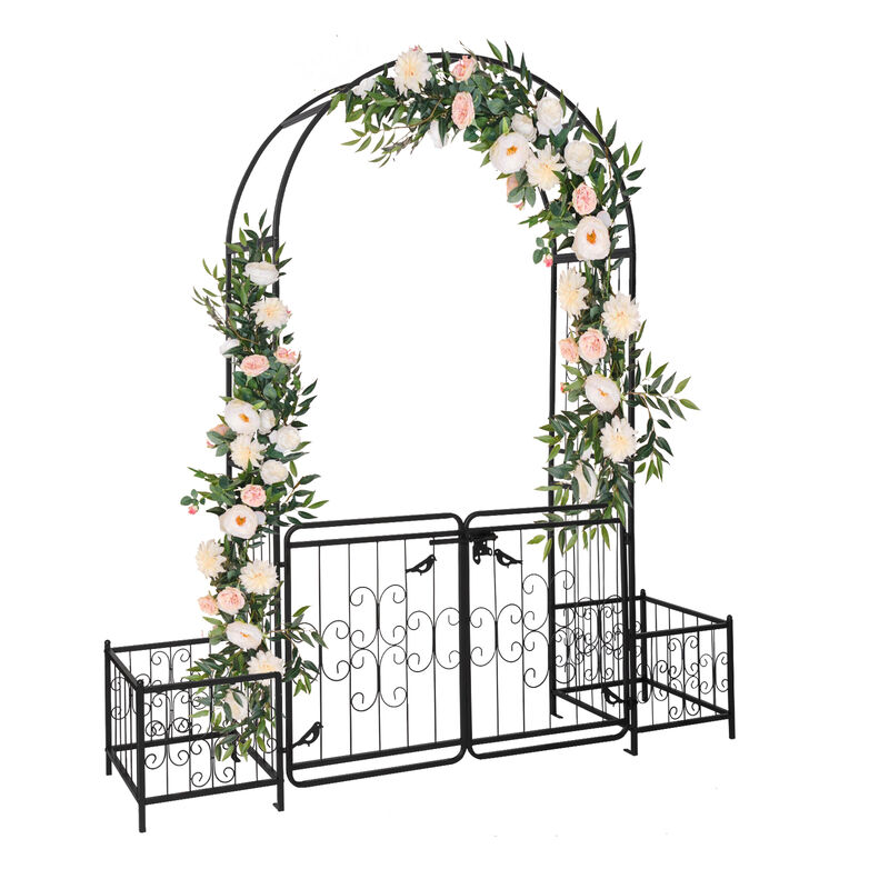 Iron Arch Arbor with Gate & Planter Frame, Outdoor Courtyard Trellis