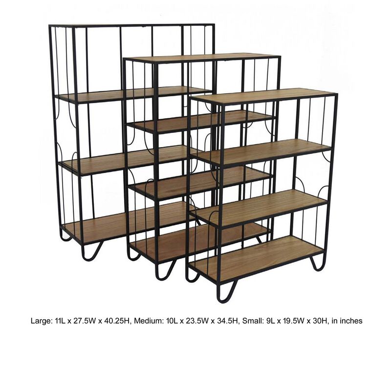 Set of 3 Plant Stand Tables, 12 Storage Shelves, Black Frame, Brown Wood - Benzara