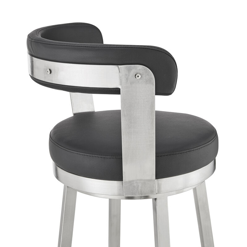 Kobe Bar Height Swivel Bar Stool in Brushed Stainless Steel Finish and Black Faux Leather image number 6