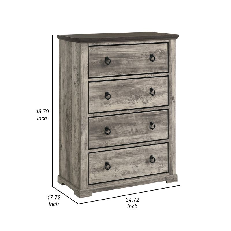 Elaya Tall Dresser Chest with 4 Drawers, Black Metal, Weathered Gray