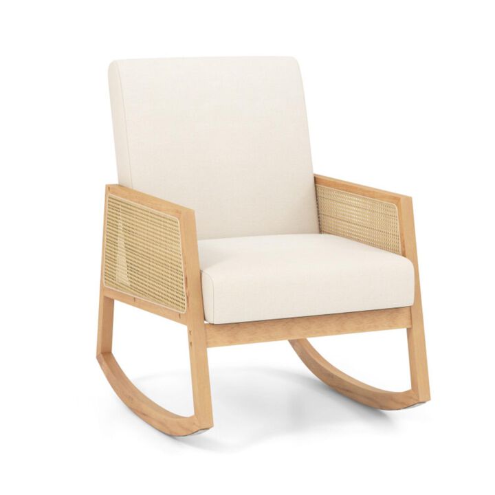 Hivvago Rocking Chair with Rattan Armrests and Upholstered Cushion-Beige