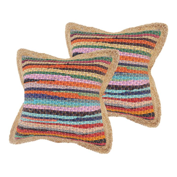 HomeRoots Set of Two 20" Blue Red And Natural Striped Cotton And Jute Throw Pillows