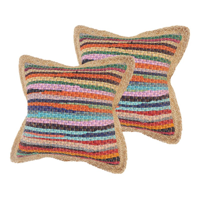 HomeRoots Set of Two 20" Blue Red And Natural Striped Cotton And Jute Throw Pillows image number 0