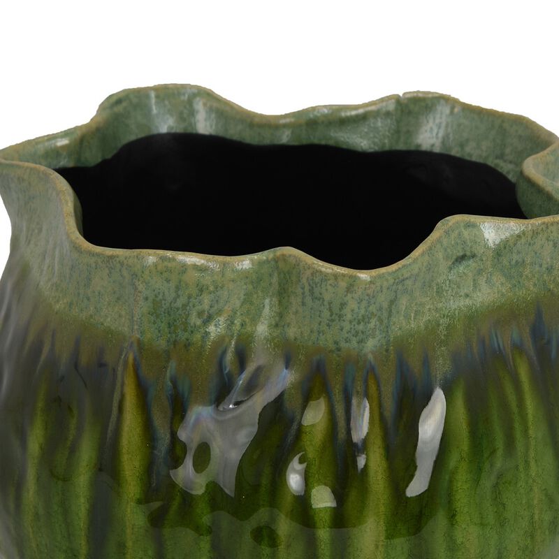 Balie Accent Vase, Green Ceramic Irregular Top Edge, Modern 10 Inch - Benzara
