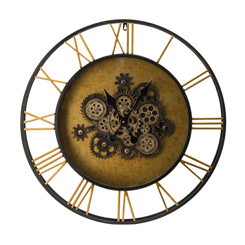 28 Inch Hanging Wall Clock, Round Gear Design, Gold and Black Iron Frame - Benzara