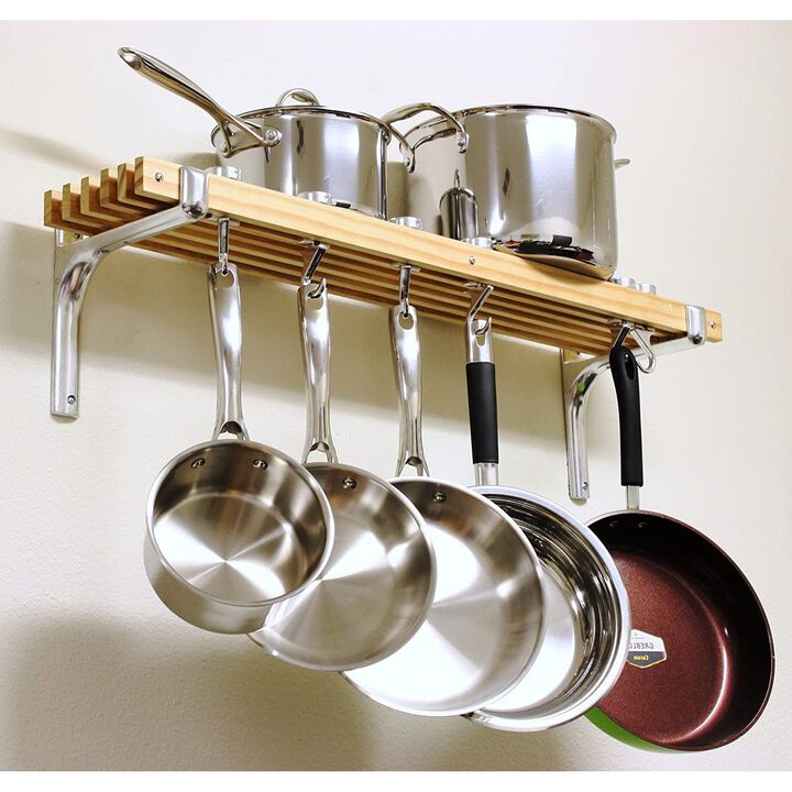 Farmhouse Style Wall Mounted Wooden Pot Rack with 6 Hooks for Pans and Tools