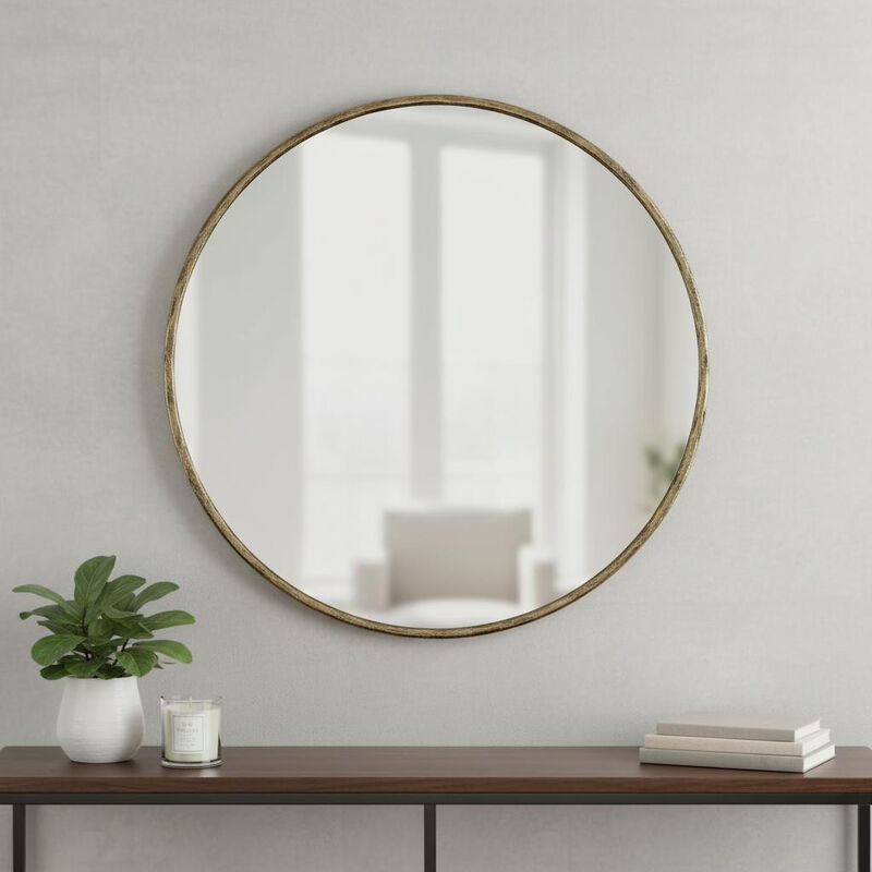 HomeRoots 36" Antiqued Brass Iron Round Framed Accent Mirror image number 1
