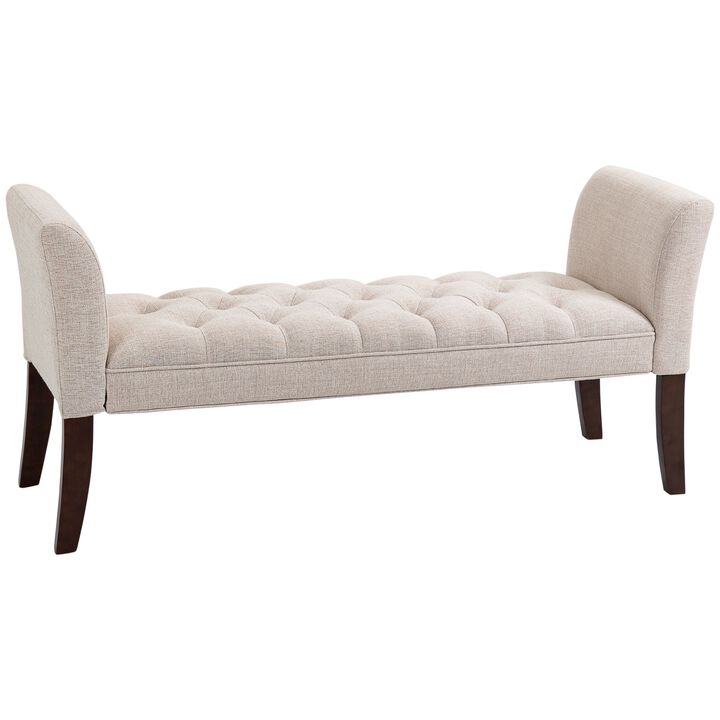 Beige Bedroom Accent: Button Tufted Bench with Arms & Wood Legs