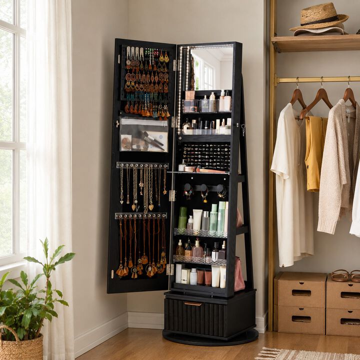 360&deg; Swivel Jewelry Cabinet with Full-Length Mirror, Lockable Storage, LED Lights and Rear Shelves